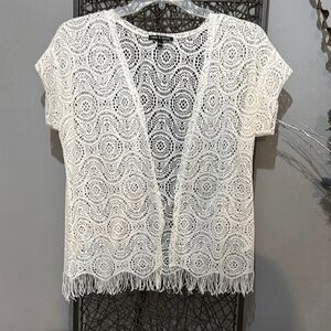 White Crochet Open-Front Cardigan